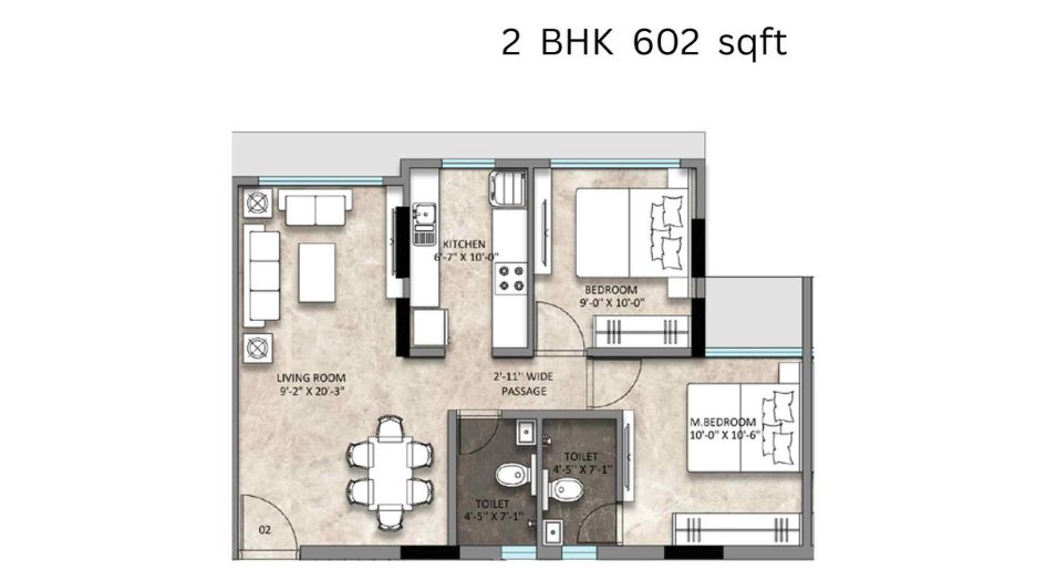 Sanghvi-Aria-Floor-Plan-2 BHK-602 Sqft